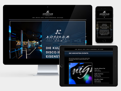 Foto mit der Homepage der Kult-Disco Jacksonclub dargestellt auf einem iMac, einem iPad und einem iPhone