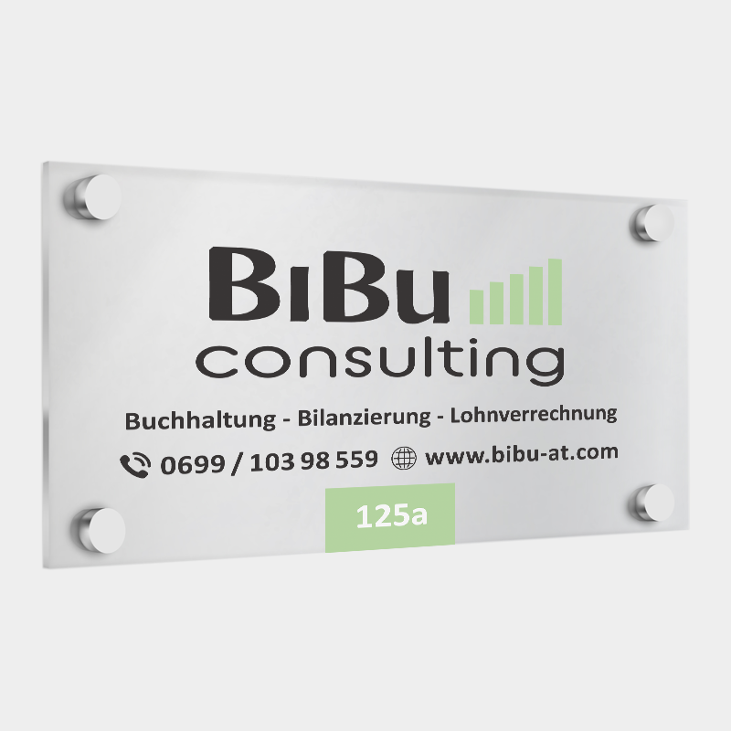 VP17 Portfolio Print BiBu Firmenschild Edles Firmenschild, weiss gebürstet der Firma BiBu Consulting montiert an einer Hausmauer