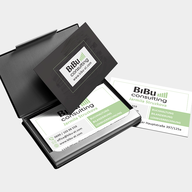 VP17 Portfolio Print BiBu Visitenkarten Edles Visitenkartenetui mit Visitenkarten der Firma Bibu, gezeigt von der Vorder- und Rückseite