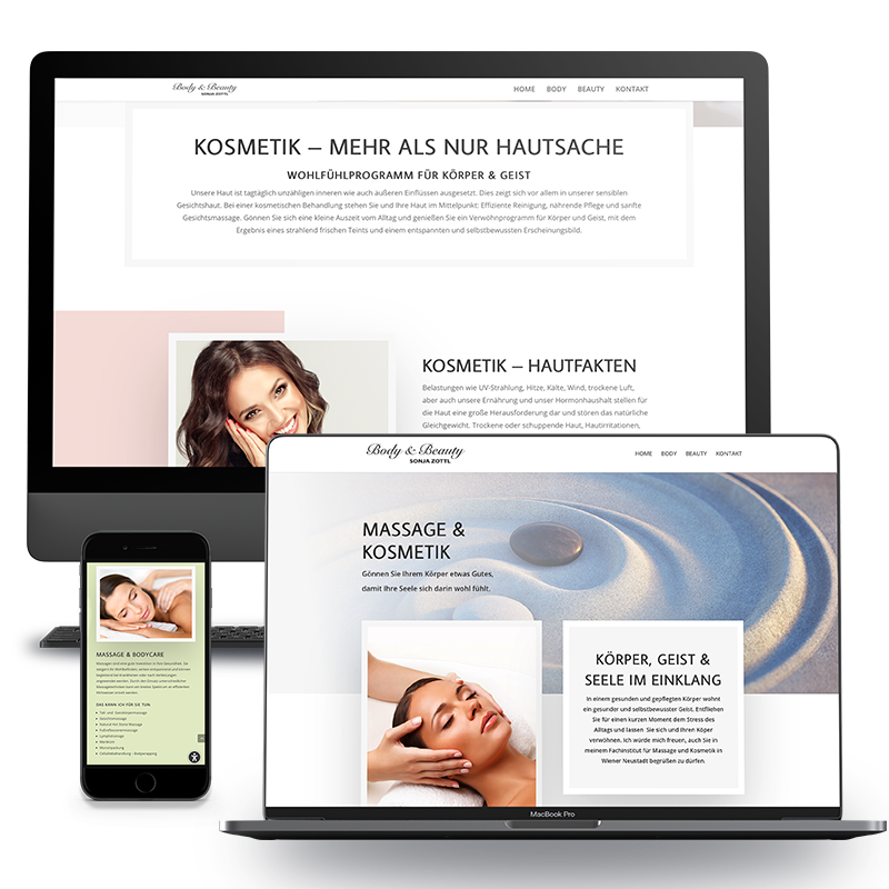 VP17 Portfolio Web Body & Beauty Bild von der Homepage des Kosmetik und Massagesalon Body und Beauty, dargestellt auf einem iMac und einem Mac Book