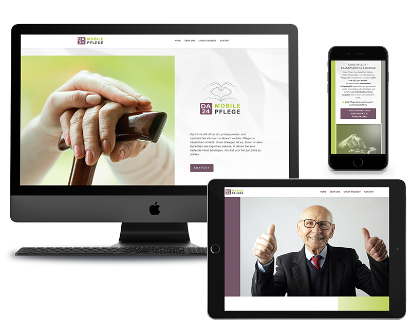 VP17 Portfolio Web DA24 Mobile Pflege Mock Up mit verschieden Geräten auf denen die Homepage des Pflegedienstes DA 24 Mobile Pflege dargestellt wird.