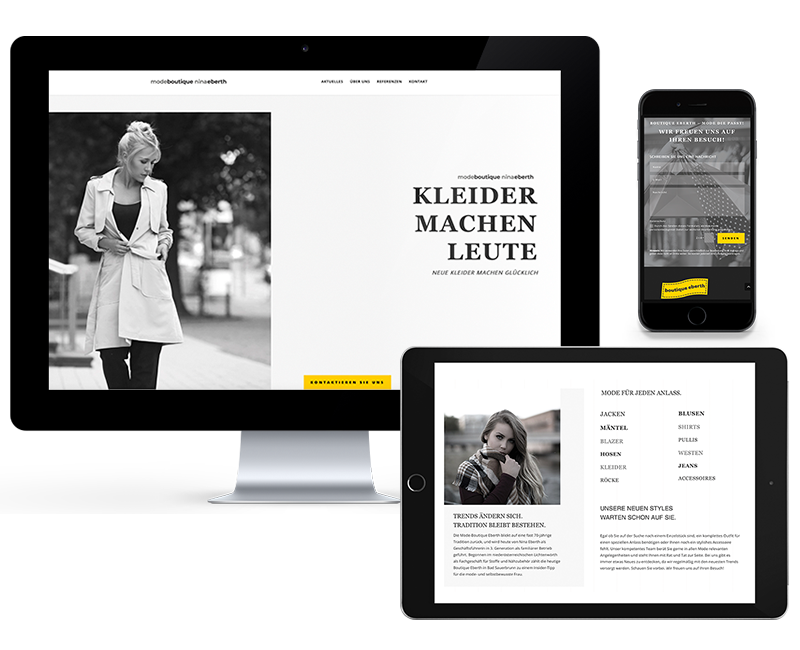 VP17 Portfolio Web Eberth Mock Up mit verschieden Geräten auf denen die Homepage der Modeboutique dargestellt wird.