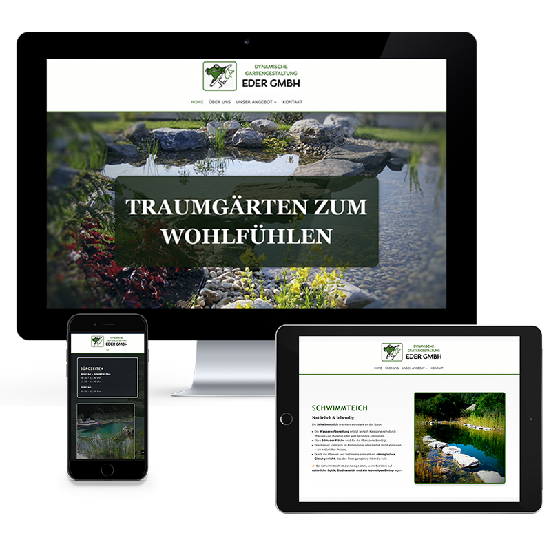VP17 Portfolio Web Gartengestaltung Eder Mock Up mit verschieden Geräten auf denen die Homepage der Firma Dynamische Gartengestaltung Eder dargestellt wird.