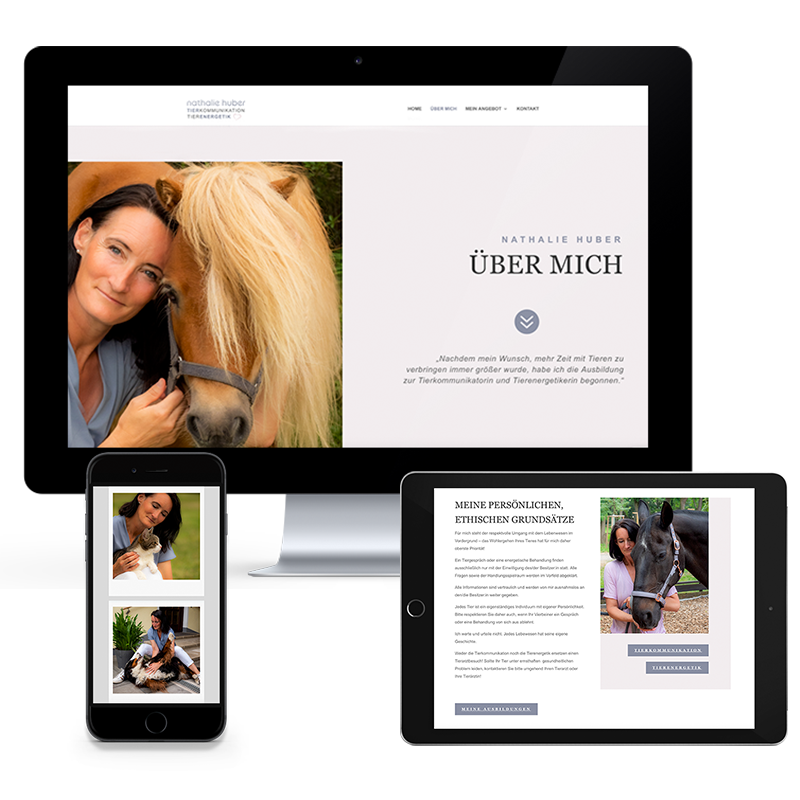 VP17 Portfolio Web Herzenstiere Homepage von Tierkommunikation und Tierenergetik Nathalie Huber dargestellt auf einem iMac und einem einem iPad Air 2