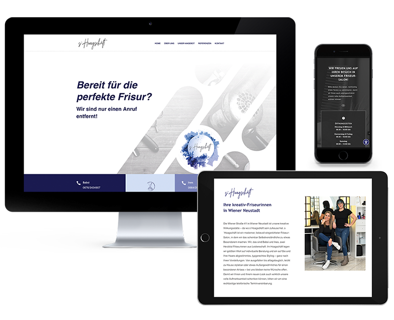 VP17 Portfolio Web Hoagschaeft Mock Up mit verschieden Geräten auf denen die Homepage des Friseursalons s`Hoagschäft dargestellt wird.