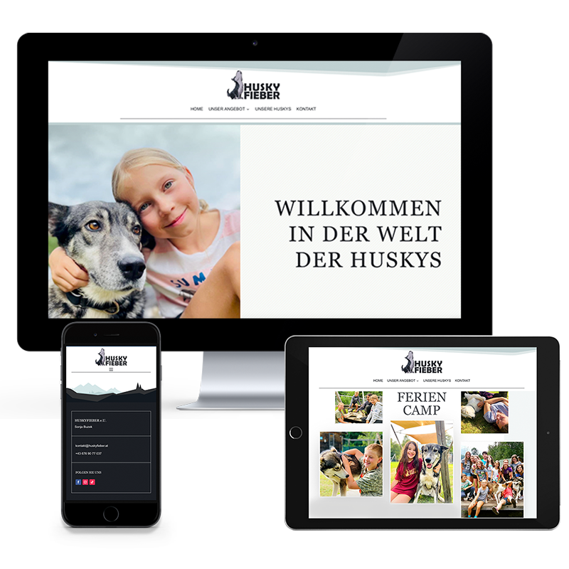 VP17 Portfolio Web Huskyfieber Homepage der Firma Huskyfieber dargestellt auf einem iMac und einem einem iPad Air 2