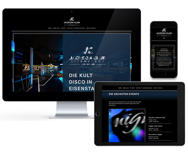 VP17 Portfolio Web Jacksonclub Mock Up mit verschieden Geräten auf denen die Homepage des Discoclubs Jackson Club dargestellt wird.