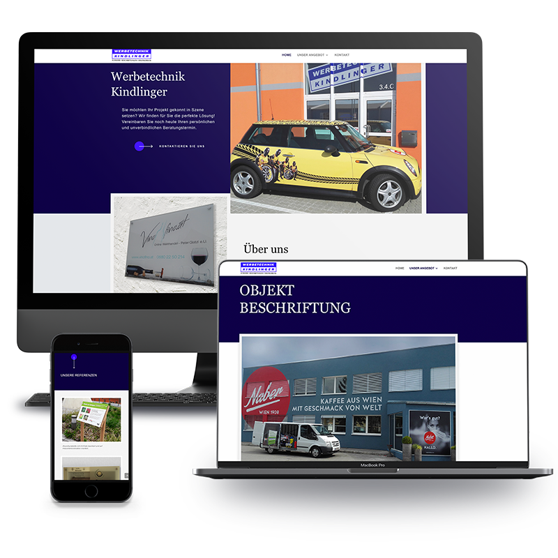 VP17_Portfolio_Web_Kindlinger Bild von der Homepage der Firma Werbetechnik Kindlinger, dargestellt auf einem iMac, einem Mac Book und einem iPhone.