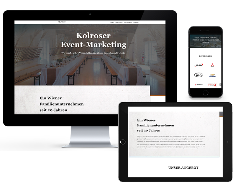 VP17 Portfolio Web Kolroser Mock Up mit verschieden Geräten auf denen die Homepage der Firma Kolroser Eventmarketing dargestellt wird.