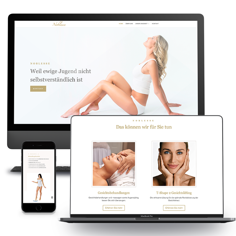 VP17 Portfolio Web Noblesse Homepage des Schönheitssalons Noblesse dargestellt auf einem iMac und einem einem iPad Air 2