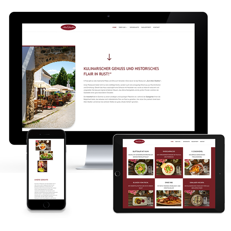 VP17 Portfolio Web zum alten Stadttor Bild von der Homepage des Restaurants zum alten Stadttor in Rust, dargestellt auf einem iMac, einem iPad und einem iPhone