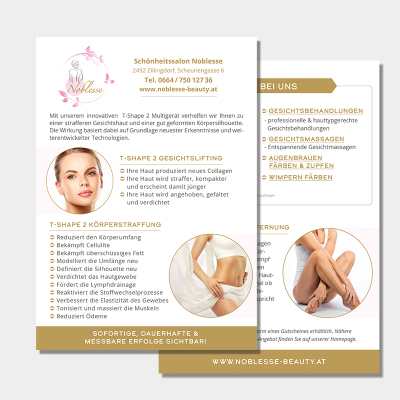 VP17 Portfolio Noblesse Werbeflyer Bild von den Werbeflyern des Schönheitssalons Noblesse, abgebildet von der Vorder- und Rückseite