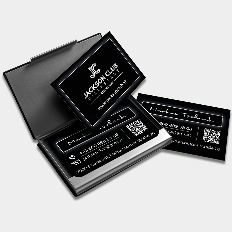 VP17 Portfolio Jacksonclub Visitenkarten Edles Visitenkartenetui mit den Visitenkarten von Markus Tschank, Geschäftsführer Jacksonclub Eisenstadt