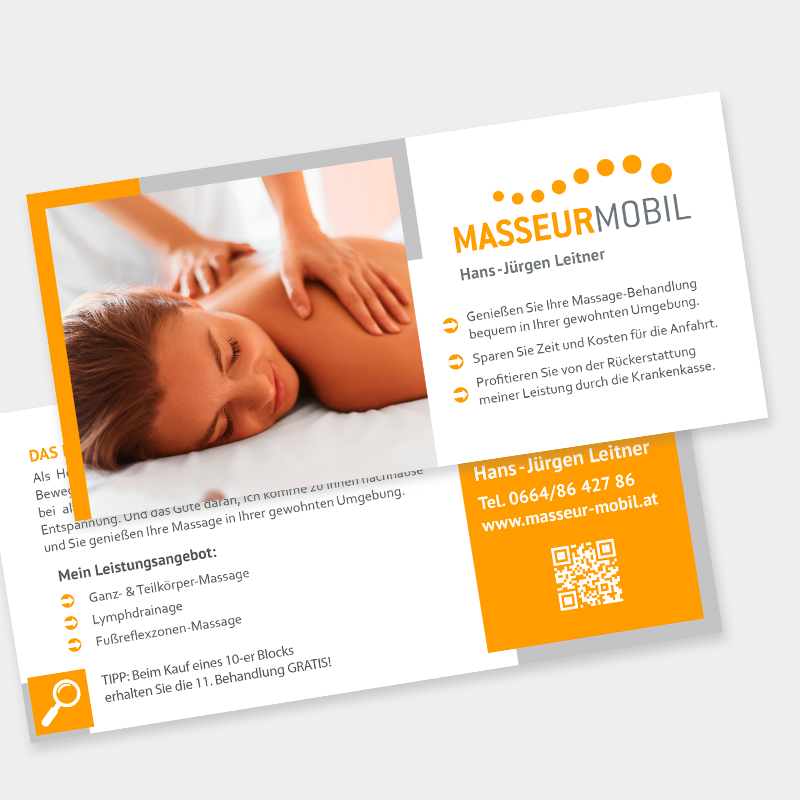 VP17 Portfolio Masseur Mobil Werbeflyer Werbeflyer von Masseur Mobil, abgebildet von der Vorder- und Rückseite