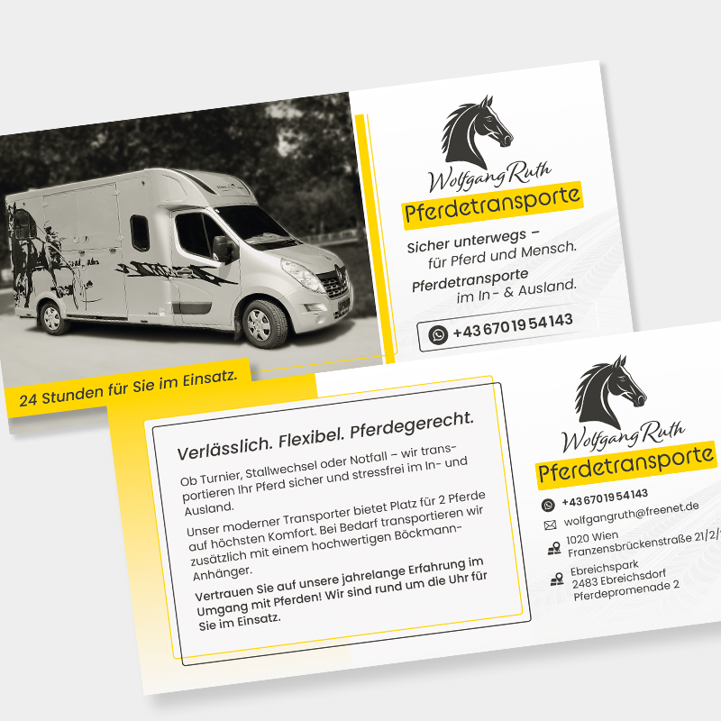 VP17 Portfolio Pferdetransporte Werbeflyer Werbeflyer der Firma Pferdetransporte Wolfgang Ruth zu sehen von der Vorder- und Rückseite