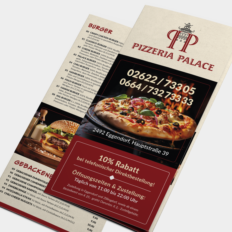 VP17 Portfolio Print Pizzeria Palace Bild von der Speisekarte des Lieferservices "Pizzeria Palace", sichtbar von der Vorder- und Rückseite