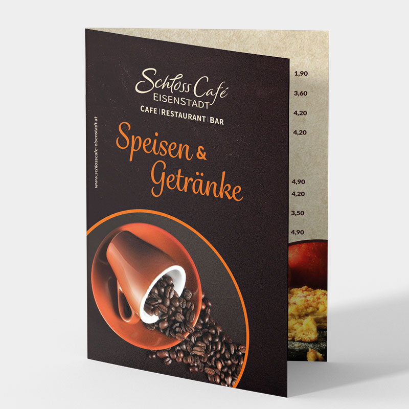 VP17 Portfolio Print Schlosscafe Bild von der aufgestellten Speisekarte des Schlosscafe Eisenstadt